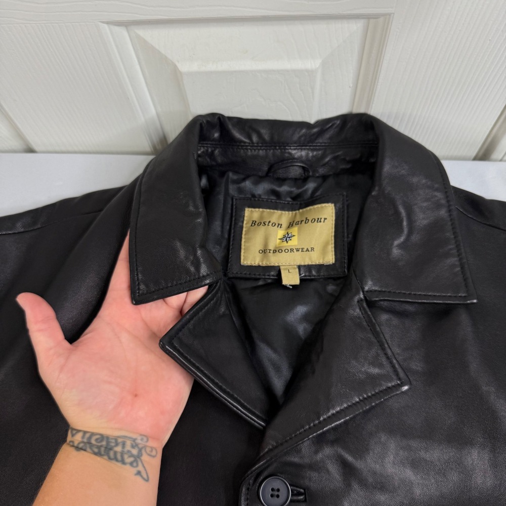 Boston Harbour Outdoorwear Mens Black Leather Button Front Car Coat Jacket L - Picture 6 of 16